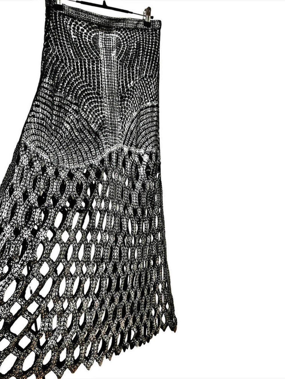 NWT Elegant Euro Sheer Knotted Crochet Lace Silver Metallic A-Line Maxi Skirt - Picture 8 of 12